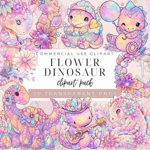 Clipart di un cucciolo di dinosauro affascinante - 20 PNG, arte pastello con dinosauri, baby shower, dettagli floreali, uso commerciale, festa di compleanno con dinosauri, simpatici dinosauri