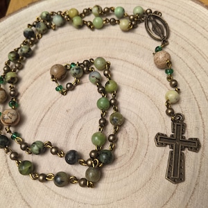 Anglican / Episcopal Rosary with Kiwi Jasper / Picture Jasper and Cross Pendant Prayer Beads 203