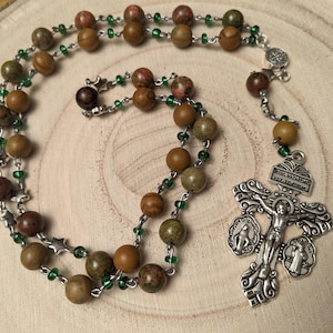 Anglican / Episcopal Rosary with Wood Grain Jasper / Mahogany Jasper / Unakite and Crucifix Pendant Prayer Beads 248