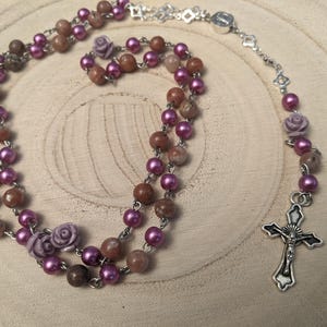 Anglican / Episcopal Rosary with Plum Blossom Jasper and Crucifix Prayer Beads 019
