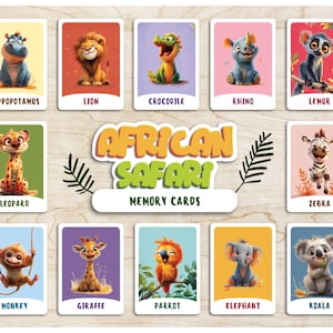 Jogo da Memória Safari Africano para Crianças | 16 Cartões de Combinação de Animais + Páginas para Colorir + Caixa para Imprimir | Download Digital | Imprima e Jogue