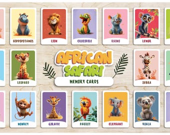 Geheugenspel Afrikaanse safari voor kinderen | 16 bijpassende kaarten + kleurplaten + afdrukbare doos | Digitale download | Afdrukken en afspelen