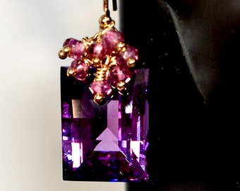 LP 1349 Rectangular Checkerboard Cut,Faceted Lab Created Alexandrite And Violet Garnet 14KGF Cluster Earrings