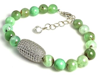 LP 1243 Round Apple Green Chrysoprase Beads , Barrel Shaped  Pave Crystal Rhinestone Beaded  Focal Bracelet