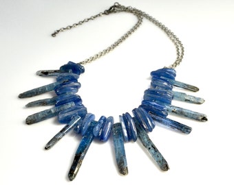 LP 1356  Vibrant Cornflower Blue Kyanite Smooth Slices, Blue Green Kyanite Spikes, Double Oxidized Sterling Silver Chains OOAK  Necklace