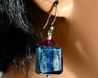 LP 1843    Rare Blue Kyanite,, Silver Blue Schiller, Deep Red Raspberry Tourmaline Nuggets, And Sterling Earrings