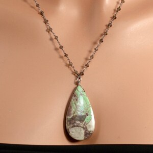 LP 1277 Mint Green, Gray, Cream And Milk Chocolate Gray Nevada Variscite Teardrop Pendant, Smokey Quartz Black Gold And Sterling Necklace image 4