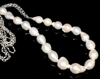LP  1461  Baroque Freshwater Pearls,  Sterling Silver Baroque Pearl Rosary Chain, And Sterling Silver Etched  Triple Chain Necklace