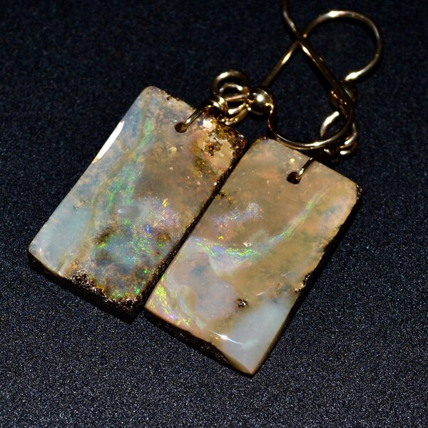 LP 1844   Boulder Opal Baguette, Rectangular Opals, Swirls of Caramel Brown, Iridescent Green And Blue Translucent White Opal,Earrings,