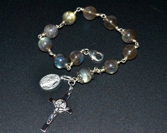 LP 2218  Labradorite Beaded Sterling Silver Bracelet Rosary, St Benedict Crucifix, Miraculous Medal, Handmade, Wire Wrapped Sterling Silver
