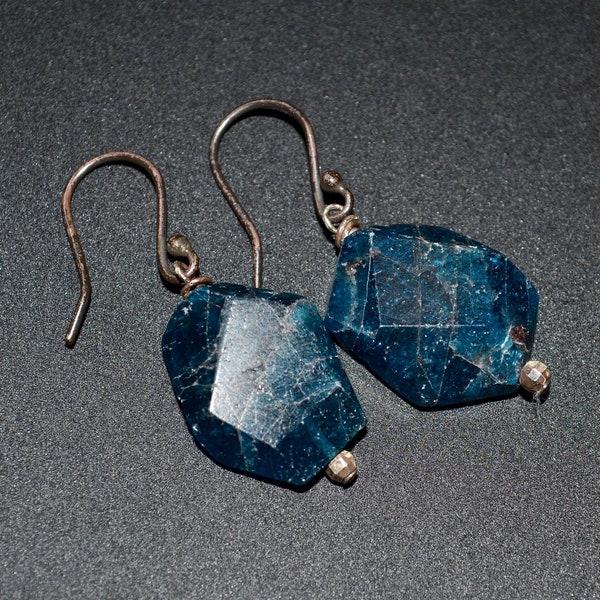 LP 1950  Polished Faceted Blue Apatite Nuggets  Oxidized Sterling Silver Earrings, Apatite Earrings