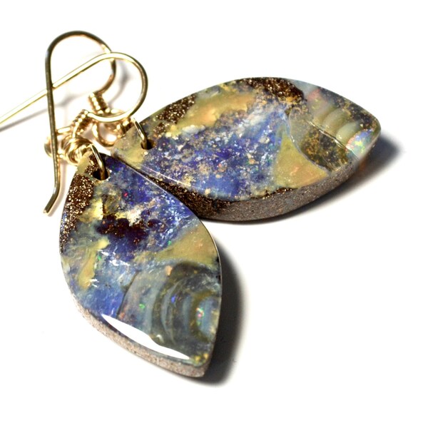 LP 2103 Australian Boulder Opal, Split Opal Earrings, Leaf Earrings, Blue Cream Opals, 14KGF Earrings ,  Mother's Day