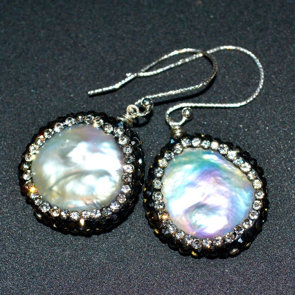 LP 2260   Iridescent White Freshwater  Pearl Coin Earrings Black White Pave Rhinestone Bezel Earrings, Wedding, Bridal Jewelry