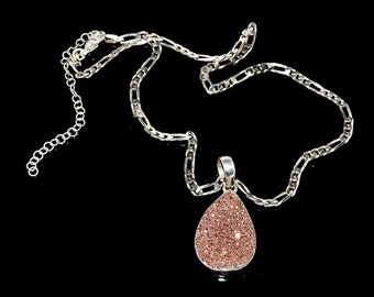 LP 1761  Rose Gold Druzy, Titanium Drusy, Sterling Silver Bezel And Bail, Sterling Silver Figaro Chain, Rose Gold Druzy Pendant Necklace,