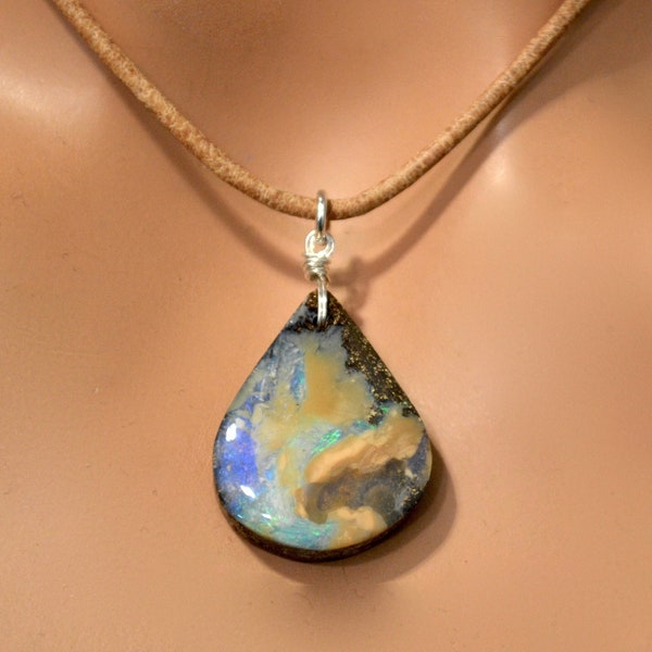 LP 2047  Australian Boulder Opal Necklace, Pendant, Polished AAA, Blue Green Opal, Leather Necklace, Opal Gemstone, Opal Necklace, Sold Out