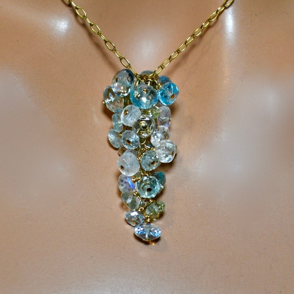 LP 2113   Aquamarine Rondelle Necklace, Moonstone Necklace, Cascading Gemstones,14KGF  Chain, Bridal Jewelry Wedding Jewelry,