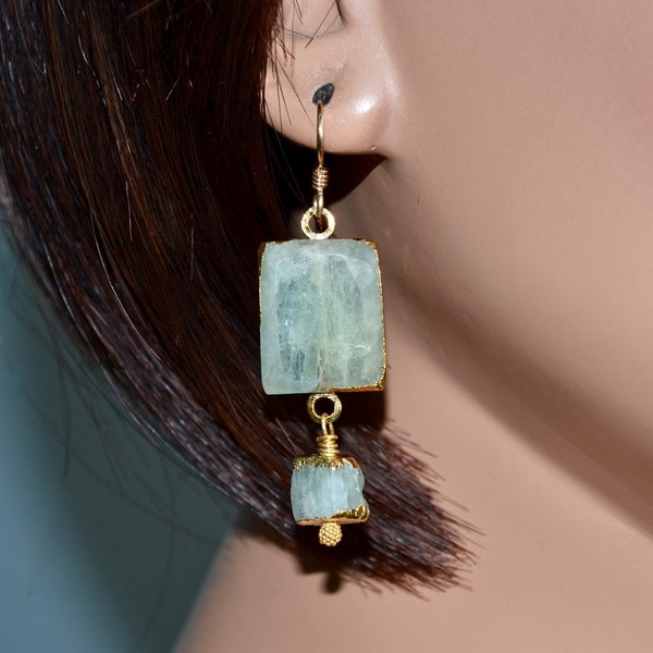 LP 1578  Gold Leafed Sliced Aqua Green Aquamarine And Aqua Green Aquamarine Nuggets Drop Earrings, 14KGF Earrings