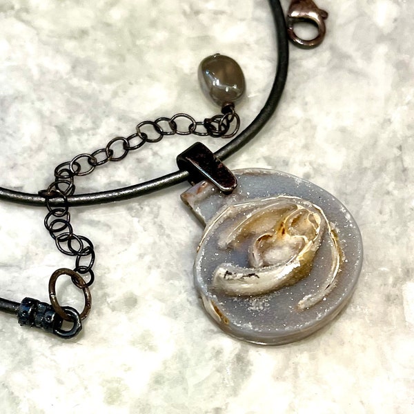 LP 2194   Snail Fossil Druzy, Metallic Gray Leather Cord,, Mystic Platinum Gray Moonstone, Sliced Snail Fossil Necklace Gray Crystals