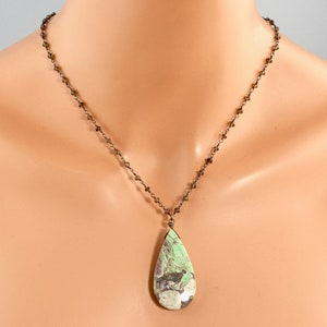 LP 1277 Mint Green, Gray, Cream And Milk Chocolate Gray Nevada Variscite Teardrop Pendant, Smokey Quartz Black Gold And Sterling Necklace image 9