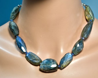 LP 1751 Labradorite, Blue Gray, Elongated Faceted, Nugget Necklace, Blue Kyanite, Oxidized Sterling Silver Beads And Chain Necklace