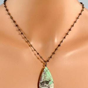 LP 1277 Mint Green, Gray, Cream And Milk Chocolate Gray Nevada Variscite Teardrop Pendant, Smokey Quartz Black Gold And Sterling Necklace image 10