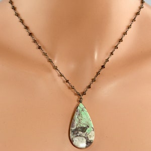 LP 1277 Mint Green, Gray, Cream And Milk Chocolate Gray Nevada Variscite Teardrop Pendant, Smokey Quartz Black Gold And Sterling Necklace image 2