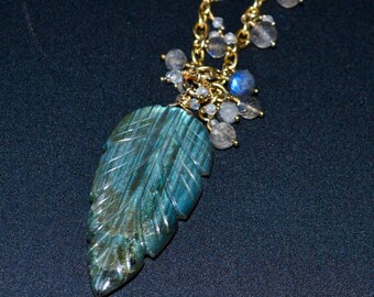 LP 2115  Carved Labradorite Leaf, And Beads Vermeil, Zircon, Swarovski Crystal Necklace ,  Wedding, Bridal, Just For Her