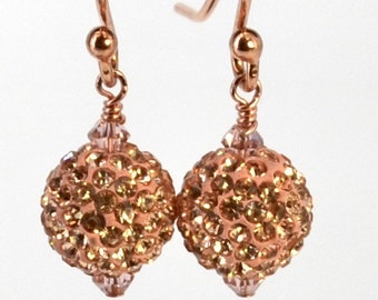 LP 1811  Peachy, Crystal Rhinestones In Resin 8 MM ,Bling Ball Earrings, 14K Rose Gold Over Sterling Silver Ear Wire Earrings