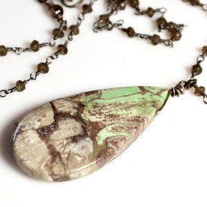 LP 1277 Mint Green, Gray, Cream And Milk Chocolate Gray Nevada Variscite Teardrop Pendant, Smokey Quartz Black Gold And Sterling Necklace image 1