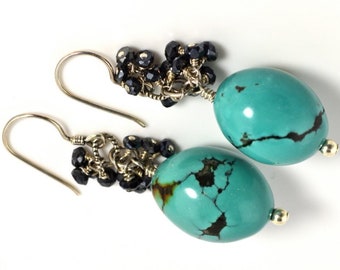 LP  1134  Blue Green Oval Turquoise Beads, Clustered Faceted Black Spinel Gems Earrings, Turquoise With Black Matrix, Native Jewelry