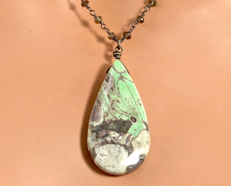 LP 1277 Mint Green, Gray, Cream And Milk Chocolate Gray Nevada Variscite Teardrop Pendant, Smokey Quartz Black Gold And Sterling Necklace image 5