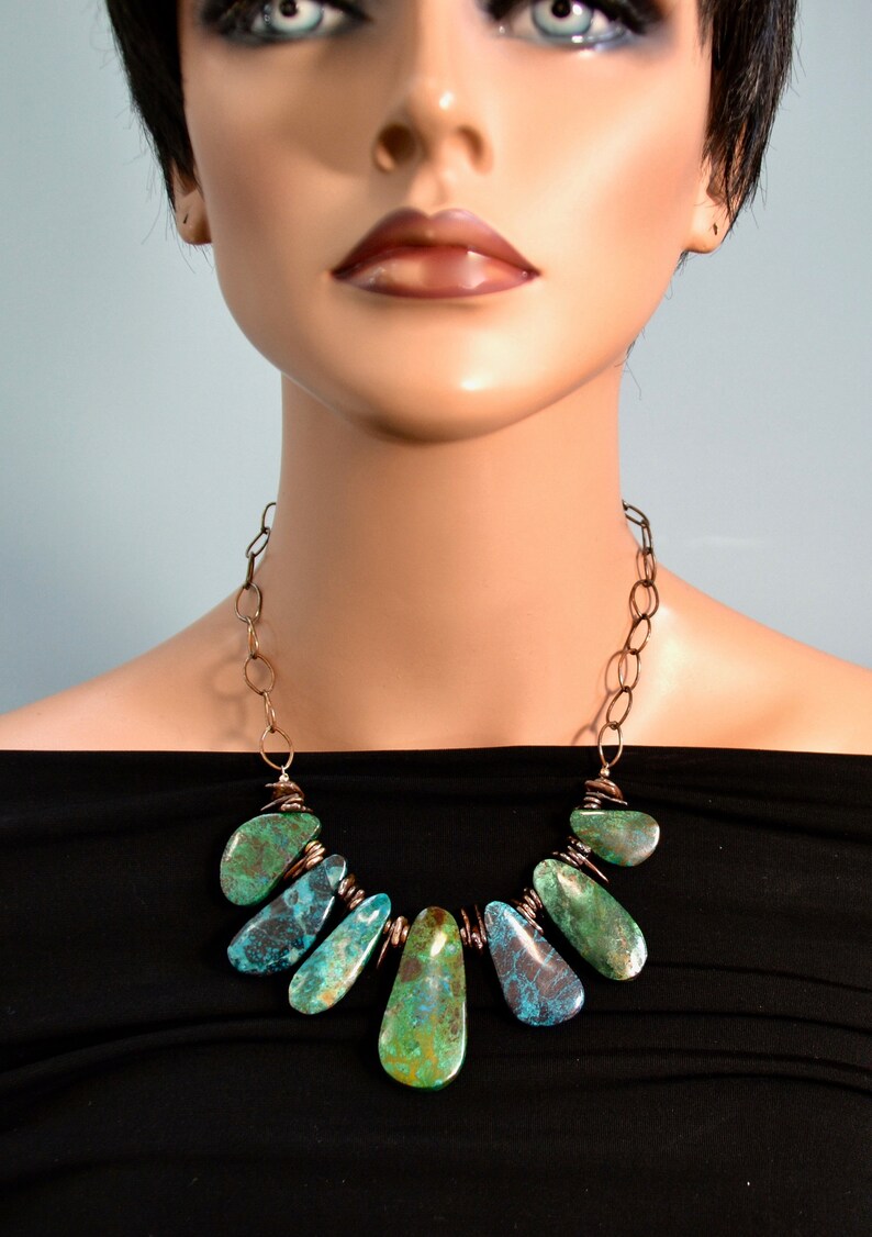 Out LP 1694 Elongated Chrysocolla Gemstone And Copper Over Sterling Silver Nugget Necklace National Stone Of Israel