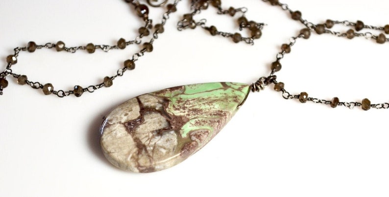 LP 1277 Mint Green, Gray, Cream And Milk Chocolate Gray Nevada Variscite Teardrop Pendant, Smokey Quartz Black Gold And Sterling Necklace image 1