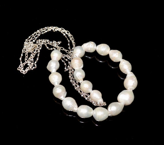 Labradorite and Baroque Cultured Freshwater Pearl Drop Necklace Sterling Silver Adjustable Length Labradorite and Baroque Cultured Freshwater Pearl Drop Necklace Sterling Silver Adjustable Length