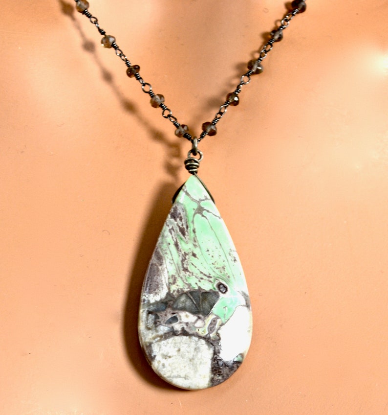 LP 1277 Mint Green, Gray, Cream And Milk Chocolate Gray Nevada Variscite Teardrop Pendant, Smokey Quartz Black Gold And Sterling Necklace image 8