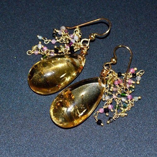 LP 2104 Boucles d'oreilles en forme de larme citrine, tourmaline, vermeil, or 14 carats