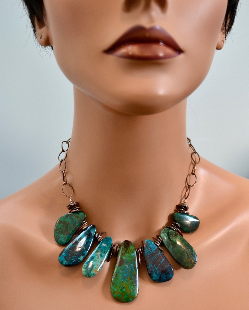 Out LP 1694 Elongated Chrysocolla Gemstone And Copper Over Sterling Silver Nugget Necklace National Stone Of Israel