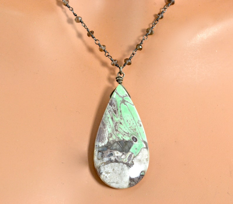 LP 1277 Mint Green, Gray, Cream And Milk Chocolate Gray Nevada Variscite Teardrop Pendant, Smokey Quartz Black Gold And Sterling Necklace image 3