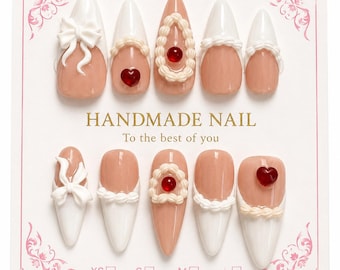 Uñas postizas Cherry Coquette hechas a mano / Lazo blanco, detalles de corazón rojo