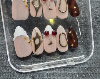 Uñas postizas hechas a mano, cereza, cromo, flor 3D, Badbpressed