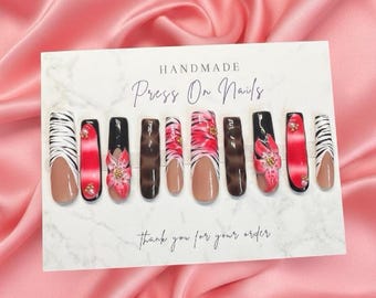 Uñas postizas hechas a mano con estampado de cebra rosa, diseño viral de flores 3D, acrílicas, resistentes, Badpressed