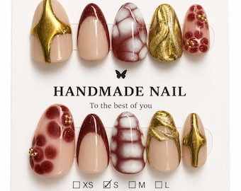 Uñas postizas color almendra color oro cromado rojo mármol Aura / Puntas francesas abstractas
