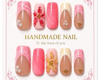 Uñas postizas hechas a mano - Uñas vibrantes de verano - Diseño viral de flores 3D Badbpressed