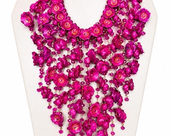 Handmade Mexican Palm Floral Statement Necklace, Fuchsia Pink Fiesta Boho Artisan Jewelry