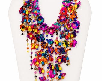 Handmade Mexican Palm Floral Statement Necklace, Multicolor Fiesta Boho Artisan Jewelry