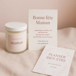 Paquete del Día de la Madre: Vela personalizada + Planificador de bienestar + Tarjeta imprimible