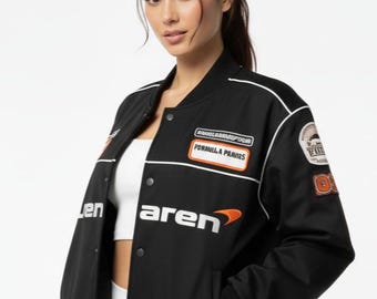 McLaren Racing Black Bomber Jacket | Formula 1 Fan Gift | Varsity Style Formula 1 Team Vintage Patches