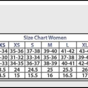 May include: A size chart table titled Size Chart Women with rows for Bust, Waist, Hips, Sleeves, and Shoulder measurements in inches. The columns list sizes from XXS to XXXL with corresponding numerical ranges for each body measurement category.