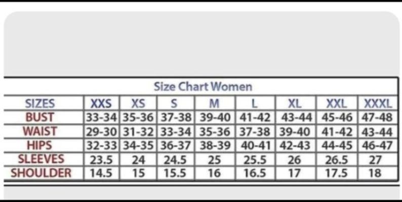 May include: A size chart table titled Size Chart Women with rows for Bust, Waist, Hips, Sleeves, and Shoulder measurements in inches. The columns list sizes from XXS to XXXL with corresponding numerical ranges for each body measurement category.