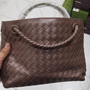 Braided Handle Faux Leather Tote: Elegant Brown Handbag